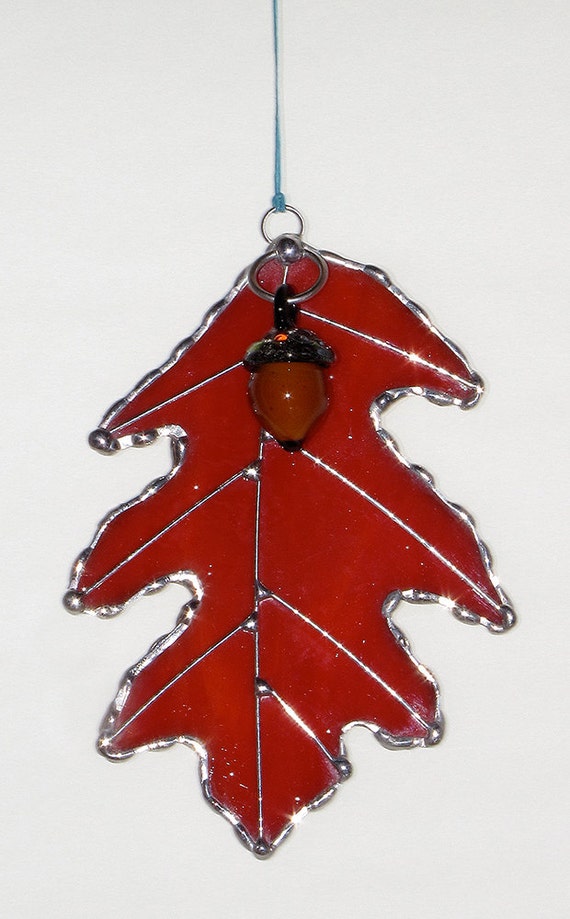 Stained Glass Suncatcher Fall Red Oak Leaf with Glass Acorn