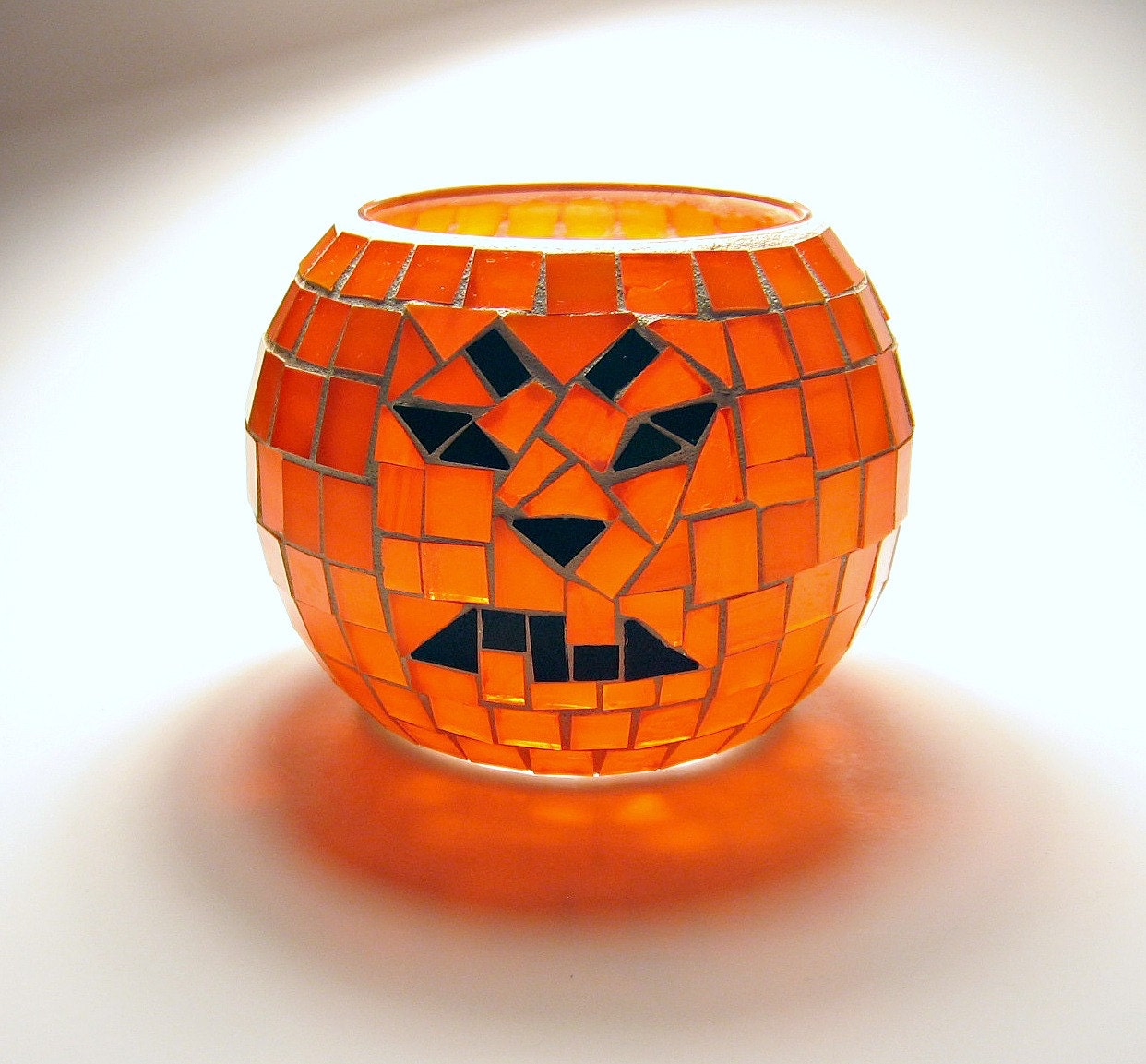 Stained glass mosaic candle holder jack o lantern pumpkin