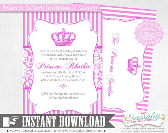 Princess Birthday Party Invitation - INSTANT DOWNLOAD - Editable & Printable Girls Birthday Invitation by Sassaby Il_570xn