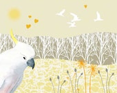 Giclee Illustration print, Animal painting, Australian birds, Love sick cockatoo