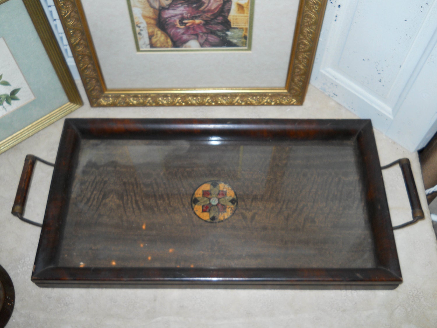 Antique Wood Veneer Tray With Glass Center Faux Inlay Work