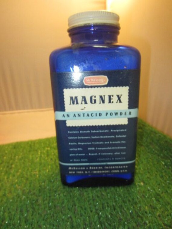 Items similar to Vintage Magnex Antacid Powder Cobalt Blue Glass Bottle