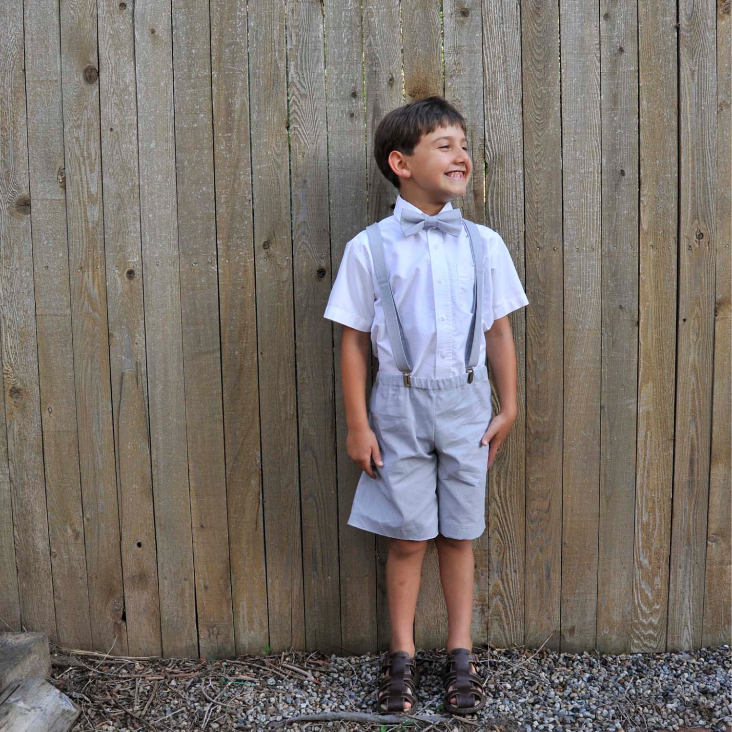 Ring Bearer Suit Boys linen shorts bow tie and suspenders