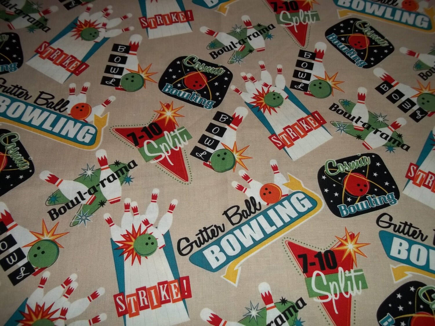 Retro Signs Bowling Theme Cotton Fabric 21x42 by memoriesmaidtoo