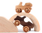 Off-Road Adventure set - all natural wooden toys with organic finish,  two jeeps with tunnel and boulder, eco-friendly imagination toys