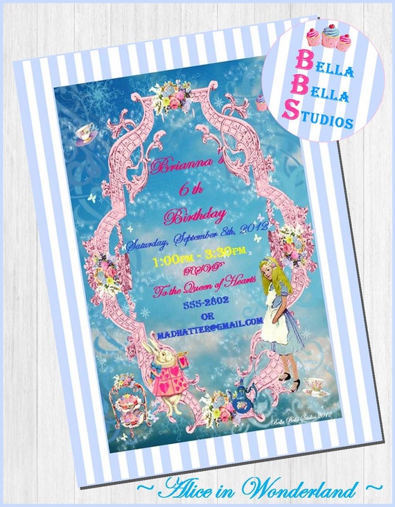 ALICE in Wonderland Inspired Birthday Party Customized PRINTABLE INVITATION - Featured on Kara's Party Ideas Website - Bella Bella Studios Il_570xn