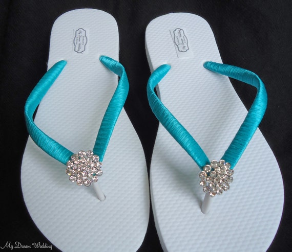 Tiffany blue flip flops. bridal teal shoes w/ CZ by MyDreamWedding
