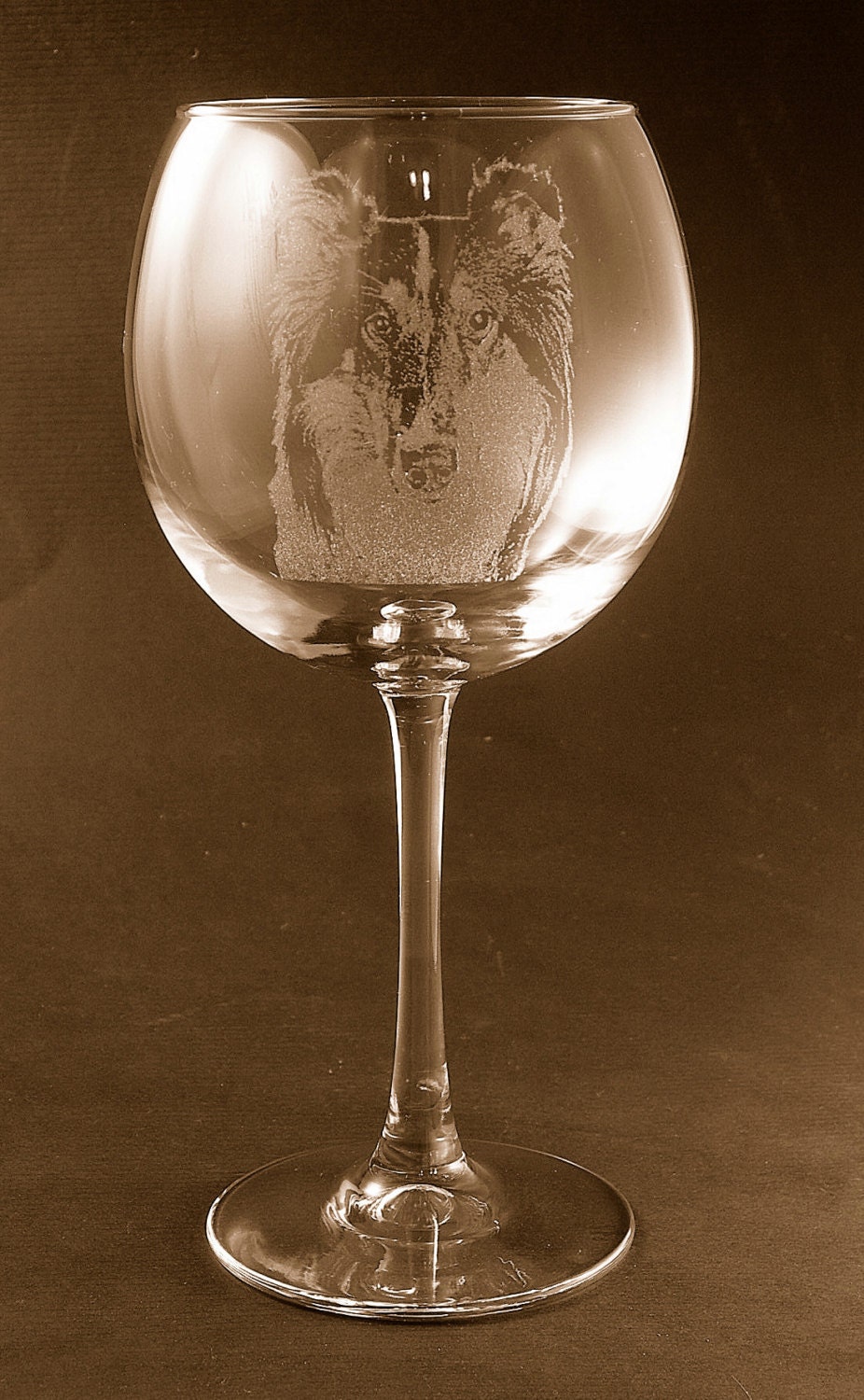 Etched Collie on Large Elegant Wine Glass set of 2