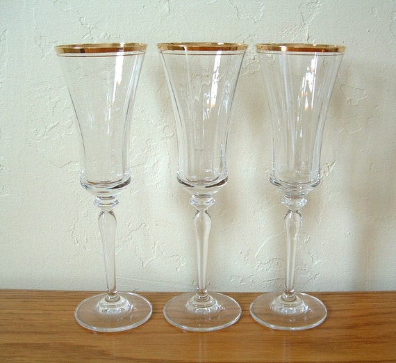 Vintage Mikasa Champagne Flutes Glasses Crystal Jamestown Gold