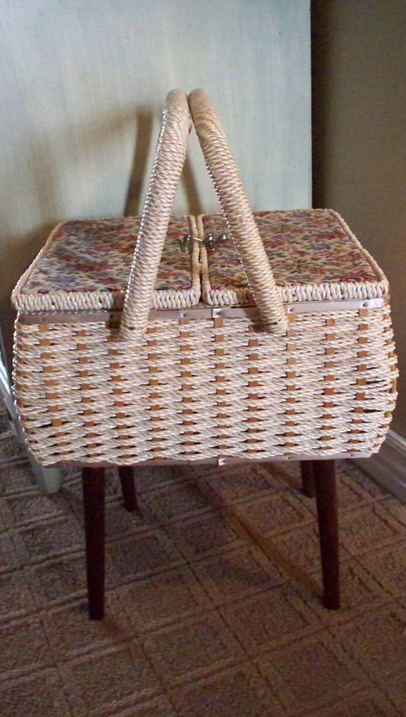 Vintage Sewing Basket On Stand/ Legs Floral Needlepoint