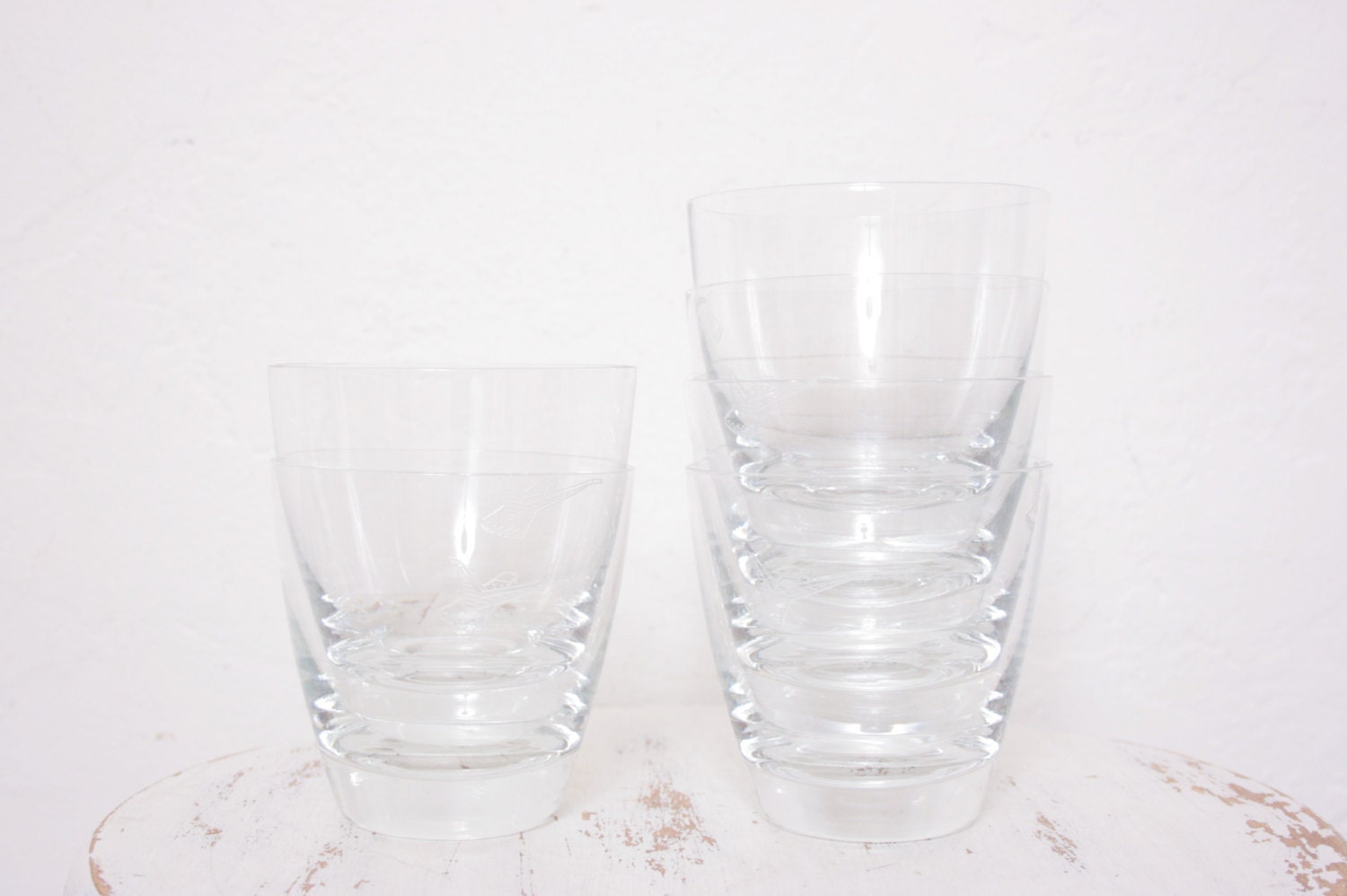 Vintage Set of Six Unique Fostoria Tumbler Rocks Glasses with Flying