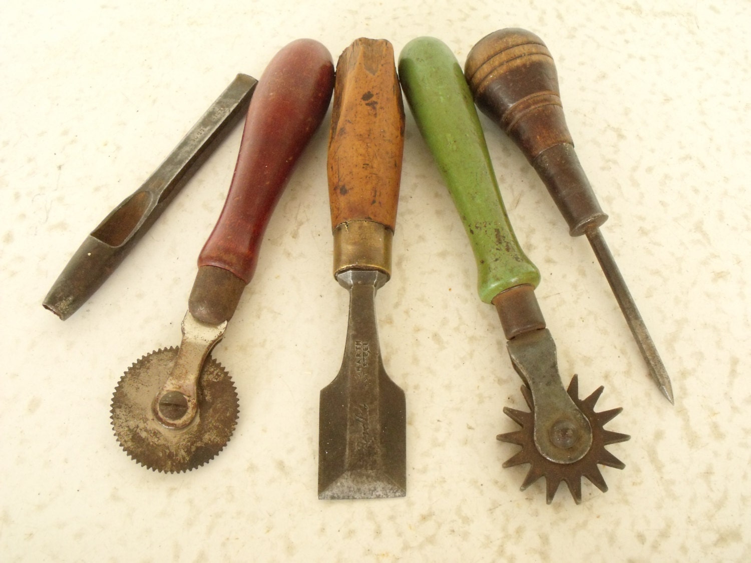 Antique Leather Hand Tools Spur Punch Awl Chisel Wood Handle
