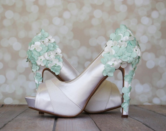 Wedding Shoes -- Ivory Platform Wedding Shoes with Ivory and Mint Satin Flowers on the Heel