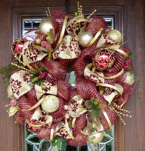 Deco Mesh BURGUNDY and GOLD CHRISTMAS Wreath