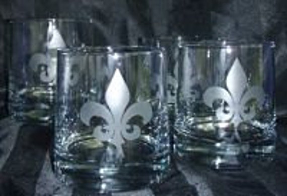 Etched Fleur de Lis Scotch Glasses Set of 4, Fleur de Lis Scotch Glasses, Etched Glassware, New Orleans Gift, Louisiana Gift