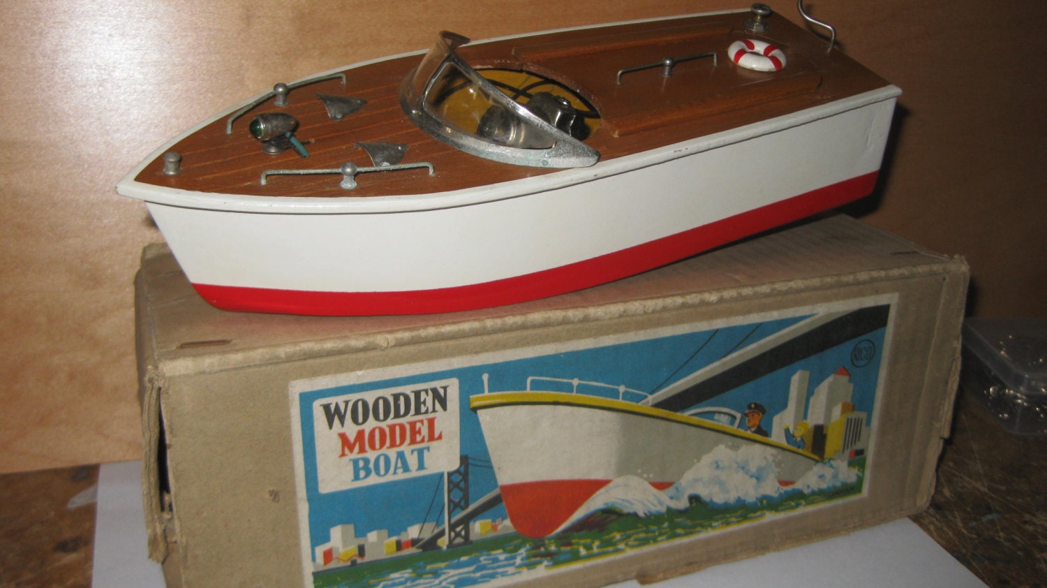 Vintage 1950's Wooden Model Boat Japan Original Box