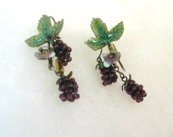 Enamel and Garnet Berry Leaf Earrings