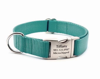 Laser Engraved Personalized Buckle Webbing Dog Collar - Teal