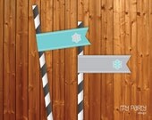 Winter Wonderland Party - PRINTABLE Straw Flags, turquoise and grey, by MyPartyDesign - Instant Download Il_170x135