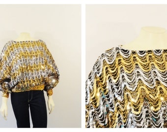 Vintage Top Shirt 70s Disco Sequin Batwing Semi Sheer Blouse Black Gold & Silver Size Large Modern M L XL