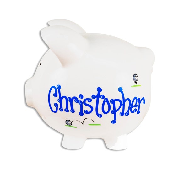 Personalized Golf Piggy Bank Hand Painted White Ceramic