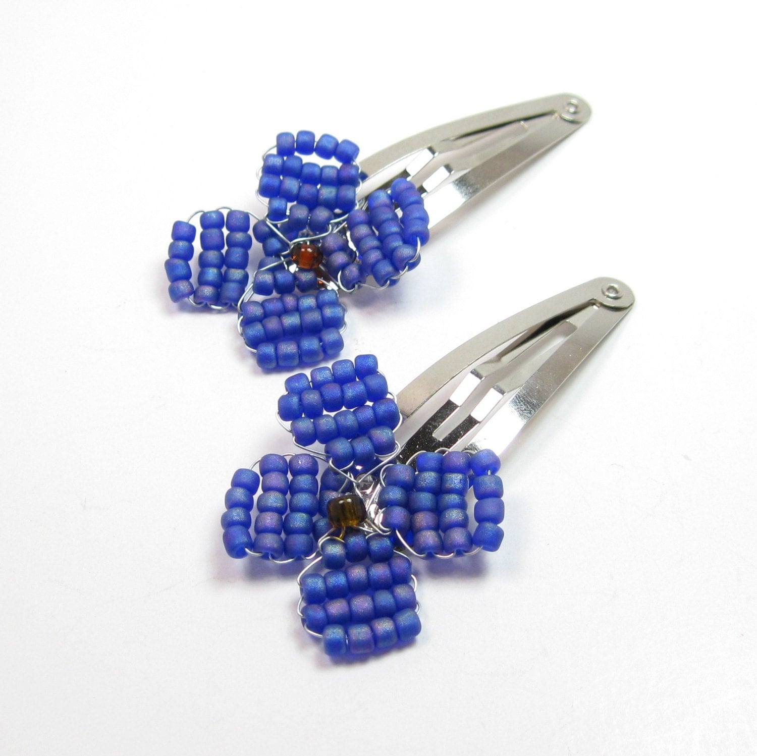 Blue Flower Barrettes Beaded Hair Clips Girls by BeadsByDawn