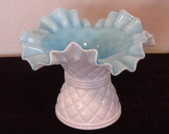Blue Cased Glass Vase, Diamond Quilted Milkglass Outer Shell