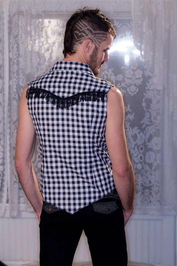 S or M Black & White checkered Sleeveless Mens dress shirt