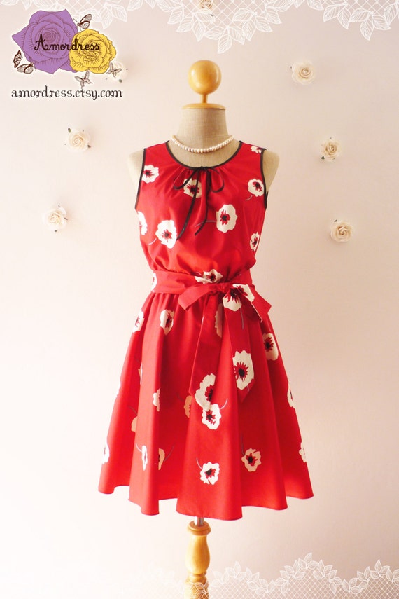 Summer Dress Red Floral Dress Tea Dress Vintage Inspired Dress
