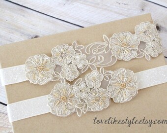 Light Gold Beaded Lace Wedding Garter Set, Ivory Lace Garter Set, Toss Garter , Keepsake Garter / GT-26