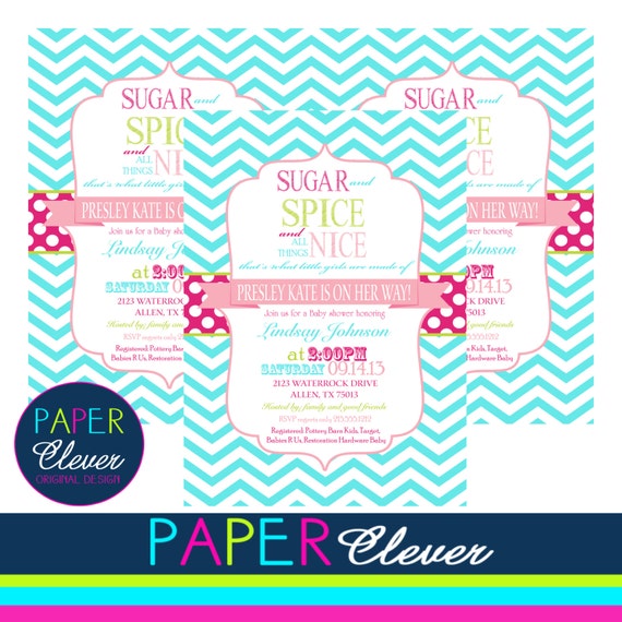 Sugar & Spice girls baby shower invitation - aqua, pink, # 106 digital file, printable Il_570xn