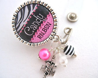 Personalized Pink Zebra Print NURSE ID Badge Reel Lanyard, Rn, Np, Lpn, Lmt, Jewelry, Necklace, Pull ID Clip, Medical Id Badge Holder