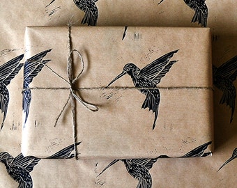 Hummingbird Rustic Hand Printed Wrapping Paper - Three Sheets