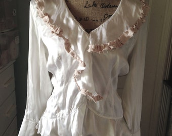 White Silk Satin Blouse Cache Womens Medium Fancy Pink Linen Ruffles ...
