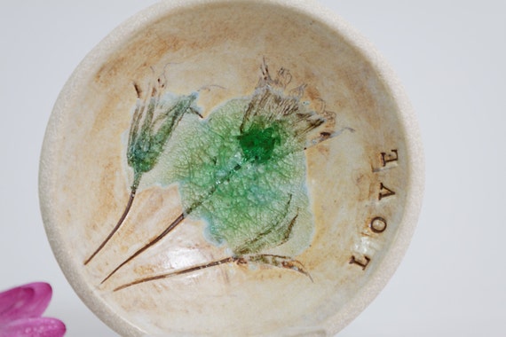 Modern Pottery Bowl Botanical Flowers Floral Ceramic Art Trinket Jewelry Ring Soap Dish Ideal Gift