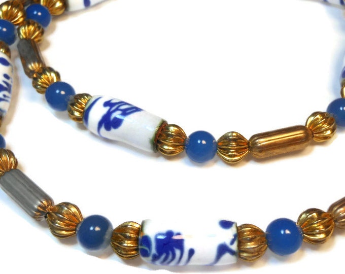 FREE SHIPPING Ivar Holt necklace, hand painted enamel 14k gold filled necklace in blues and white