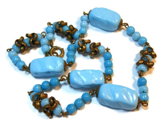 FREE SHIPPING Blue lampwork choker, 1940s opaque turquoise glass beads with brass embellishments, believed to be Italian