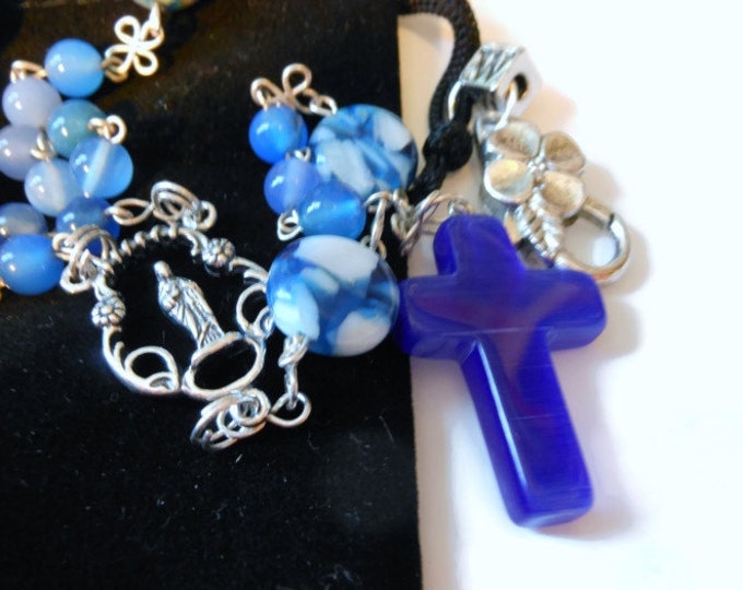 Blue agate rosary sterling silver 'Virgin Blue' handmade with blue agate and Mother of Pearl beads and free pouch