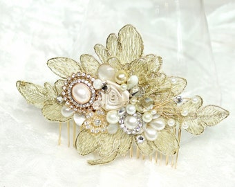 Gold Lace Hair Comb-Gold Bridal Hair piece-Gold Lace Bridal Comb-Pearl Bridal Comb- Gold Hair accessories-Vintage Inspired Bridal Hair Comb-