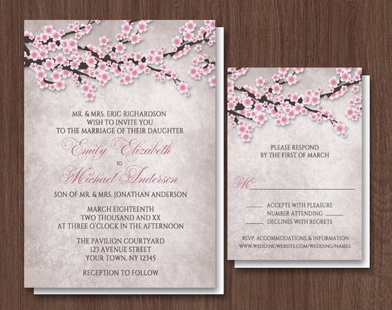 Rustic Cherry Blossom Wedding Invitations and RSVP - Printed or Printable - Vintage Pink floral Il_570xn