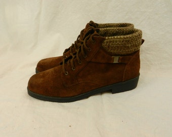 Vintage Hipster Brown Leather Hiking Boots- Short Lace Up Booties ...