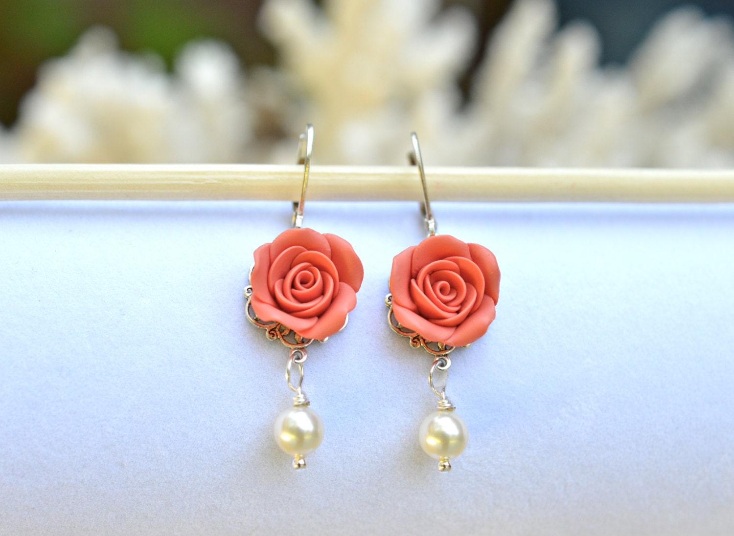 Coral Rose Earrings Coral Flower Earrings Summer Earrings