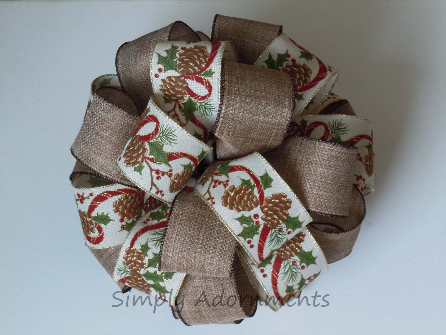 Rustic Pine cones Burlap Christmas Tree Topper Bow Pine Cones