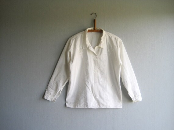 White Shirt Womens Blouse 70's 80's Long Sleeve Cotton