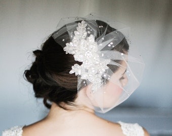 Tulle Birdcage Veil with Crystals, Blusher Veil with Crystals and Rhinestone Lace, Lace and Crystal Veil in White or Ivory