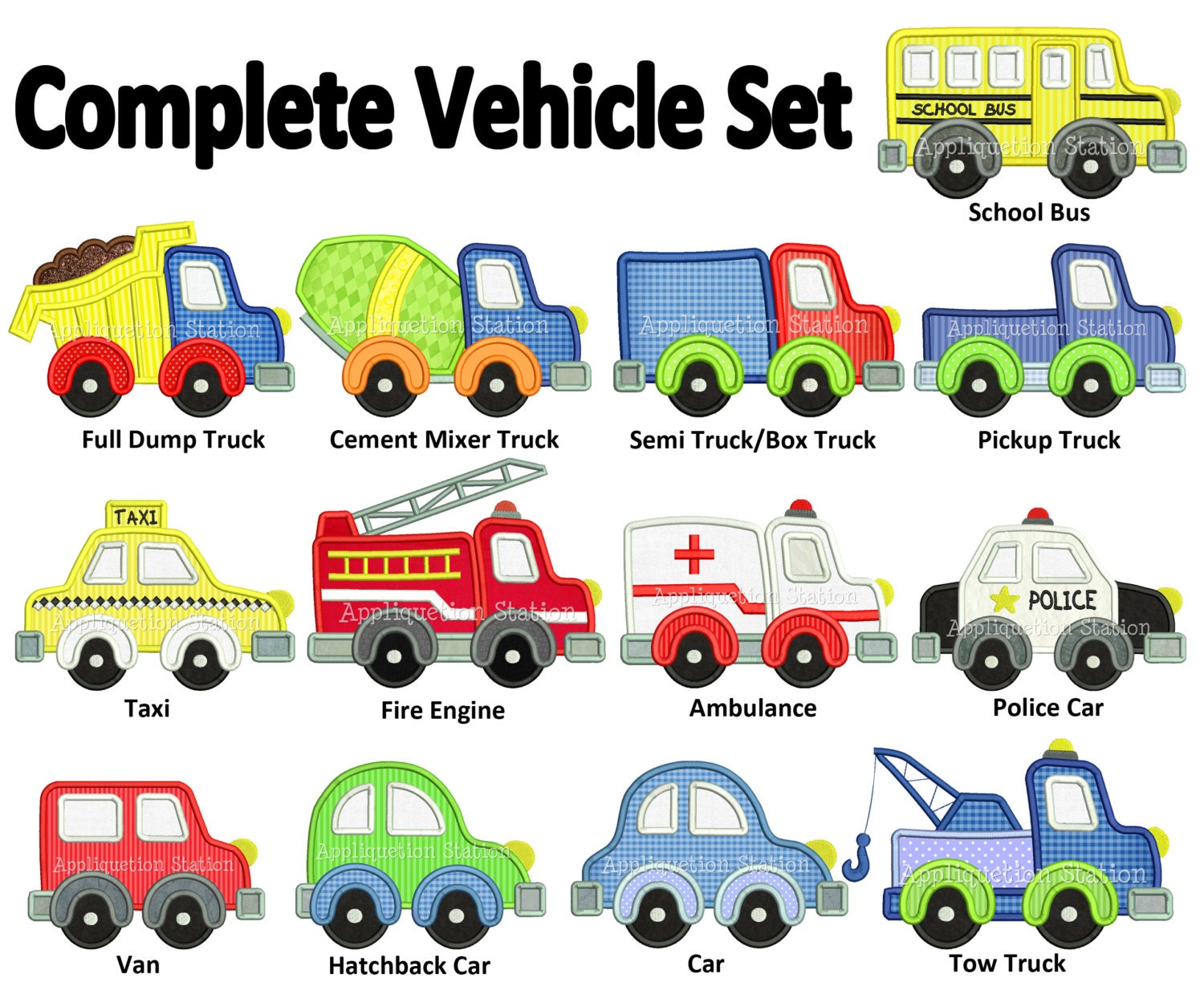 Complete Vehicle Set Applique Machine Embroidery Design boy