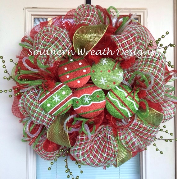 Christmas Ornaments Red and Lime Green Mesh Deco Wreath