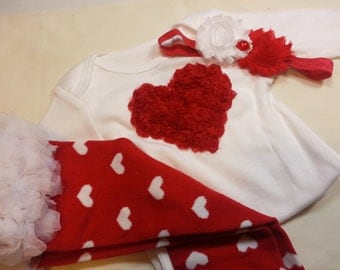 Girls VALENTINES DAY OUTFIT, Red Heart Onesie, Girls Flower Headband, Red Heart Leg Warmers, Infant Valentines Outfit, Toddler Heart Shirt