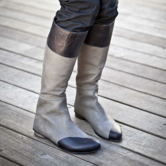 Two Tone Gray and Black leather boots / flat leather boots