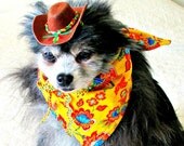 Small Dog Clothes Mexican-Style Hat/Bandanna Set Customize for Little Dogs Yellow, Crimson, Turquoise & Green with Decorated Dark Brown Hat